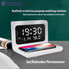 Digitalni sat sa alarmom, termometrom i bežičnim punjačem